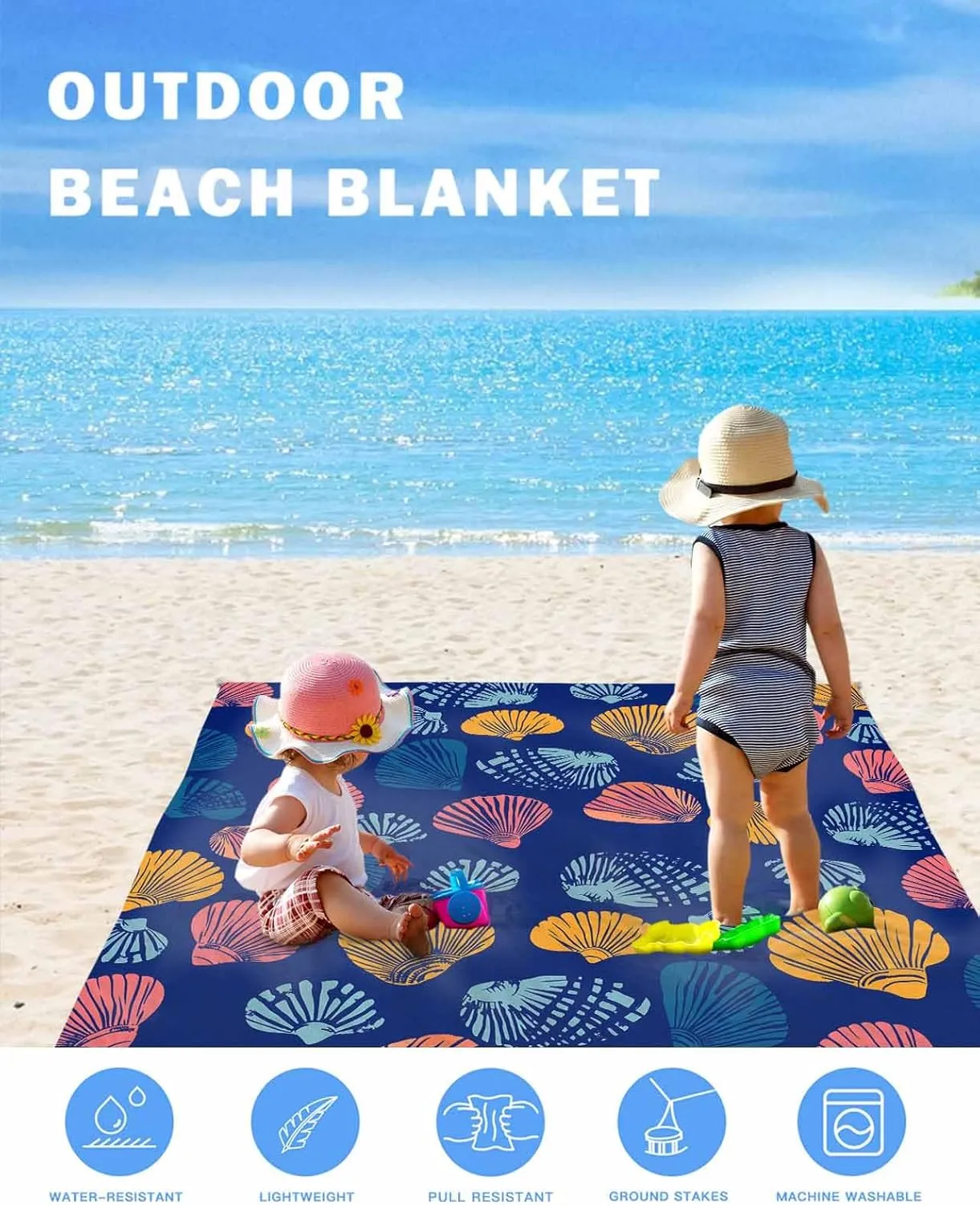 Ocean Beach Blanket Waterproof Sandproof 108"x84", Summer Shell Dark Blue Oversized Beach Mat with 4 Corner Sand Pocket & 4 Stakes, Compact Outdoor Picnic Mat for Camping Travel Festivals