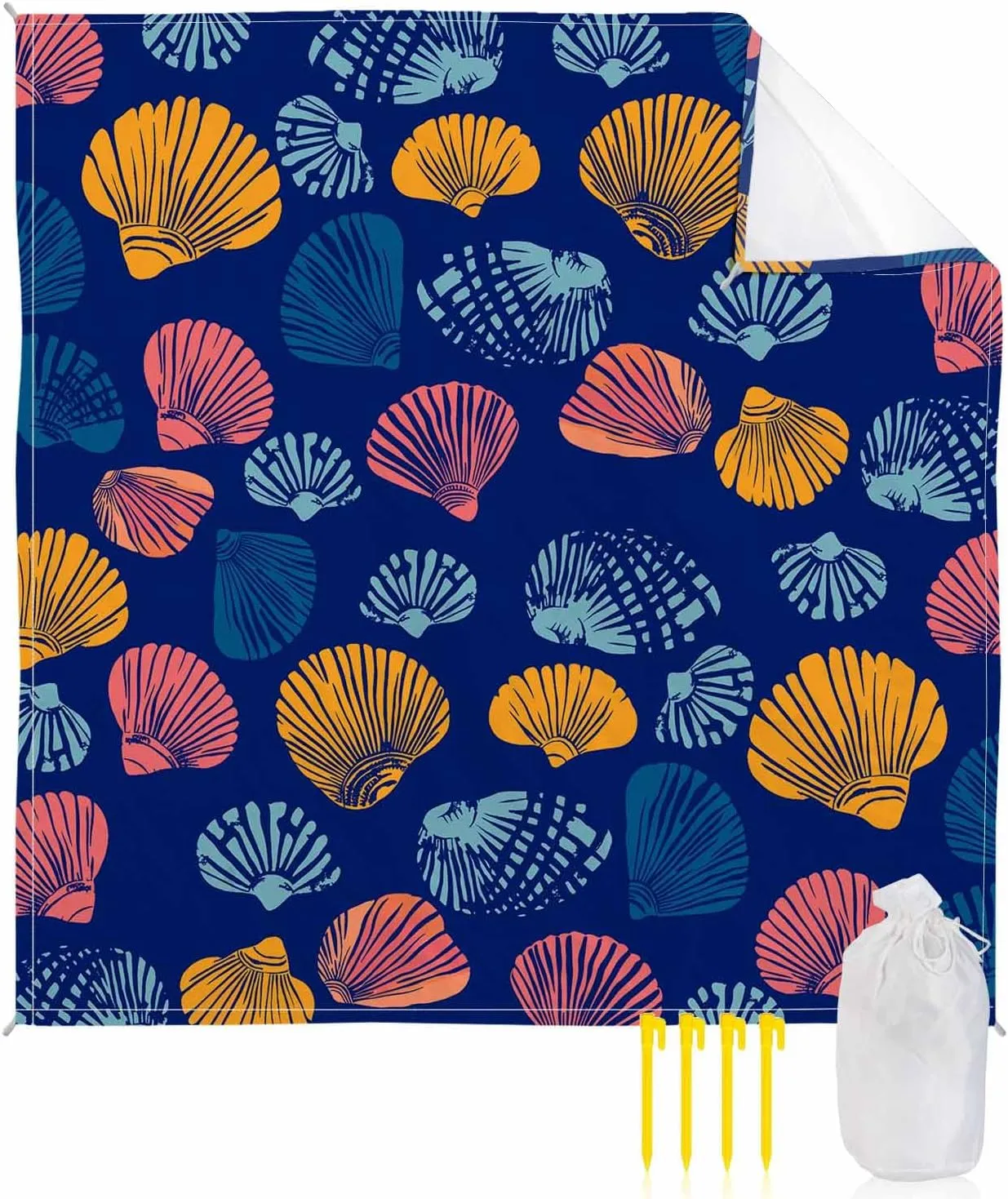 Ocean Beach Blanket Waterproof Sandproof 108"x84", Summer Shell Dark Blue Oversized Beach Mat with 4 Corner Sand Pocket & 4 Stakes, Compact Outdoor Picnic Mat for Camping Travel Festivals