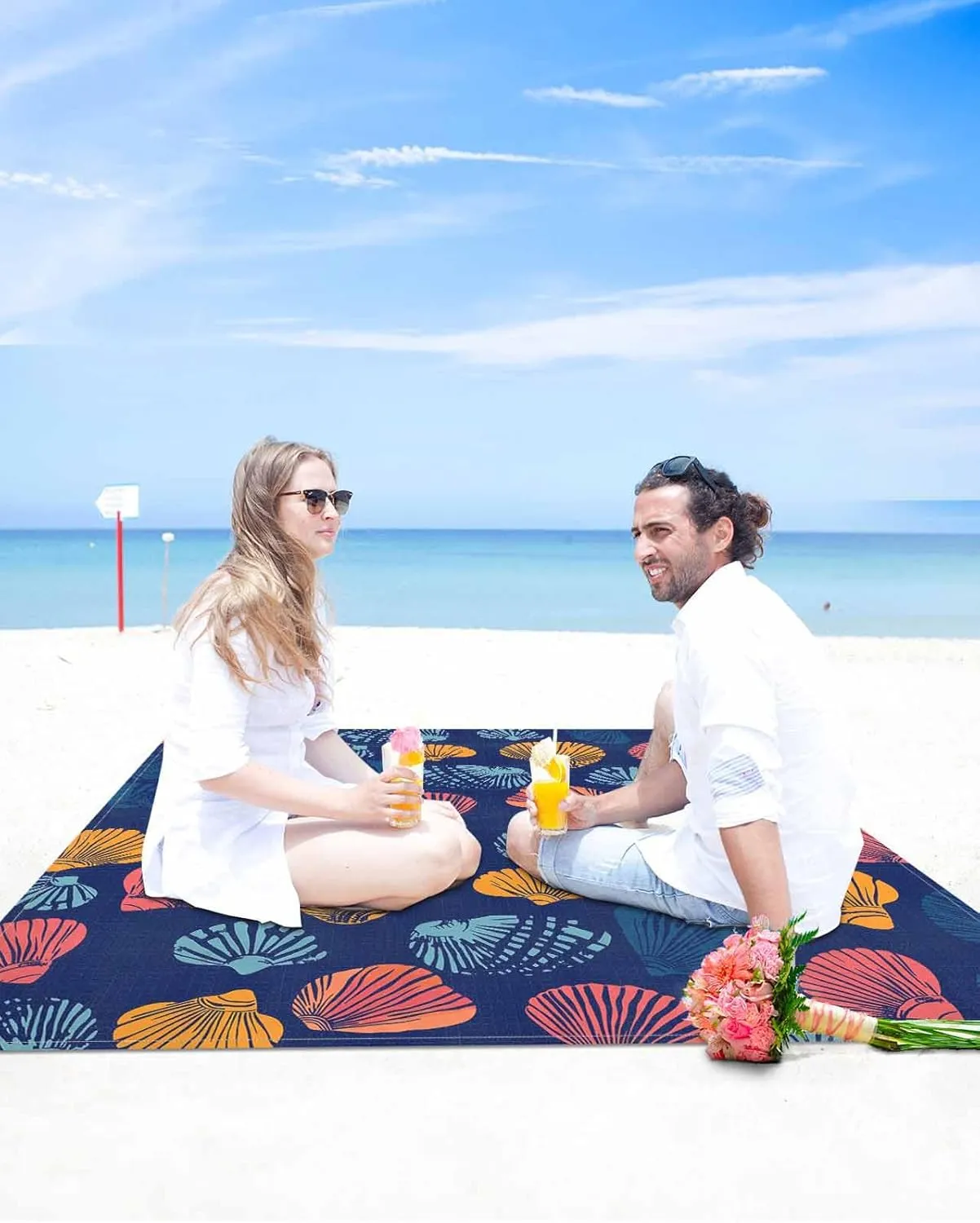 Ocean Beach Blanket Waterproof Sandproof 108"x84", Summer Shell Dark Blue Oversized Beach Mat with 4 Corner Sand Pocket & 4 Stakes, Compact Outdoor Picnic Mat for Camping Travel Festivals