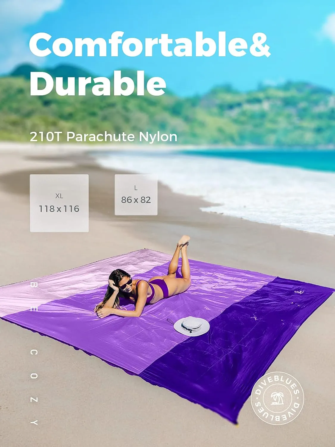 OCOOPA Extra Large Beach Blanket, Sand Free, Large Oversized Camping Mat, Comfortable Parachute Nylon, Cozy& Chic, Compact& Light, 4 Stakes&1 Travel Bag, S09