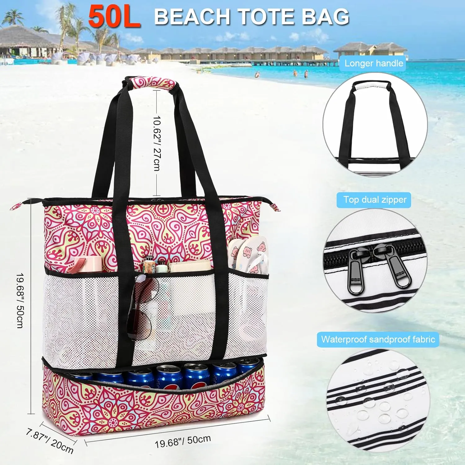 Octsky Beach Bag Tote Pool Bag with Cooler 9 Pockets Zipper Waterproof Sandproof Leakproof Xl Beach Bags for Women