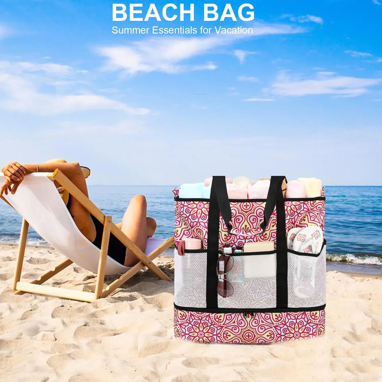 Octsky Beach Bag Tote Pool Bag with Cooler 9 Pockets Zipper Waterproof Sandproof Leakproof Xl Beach Bags for Women