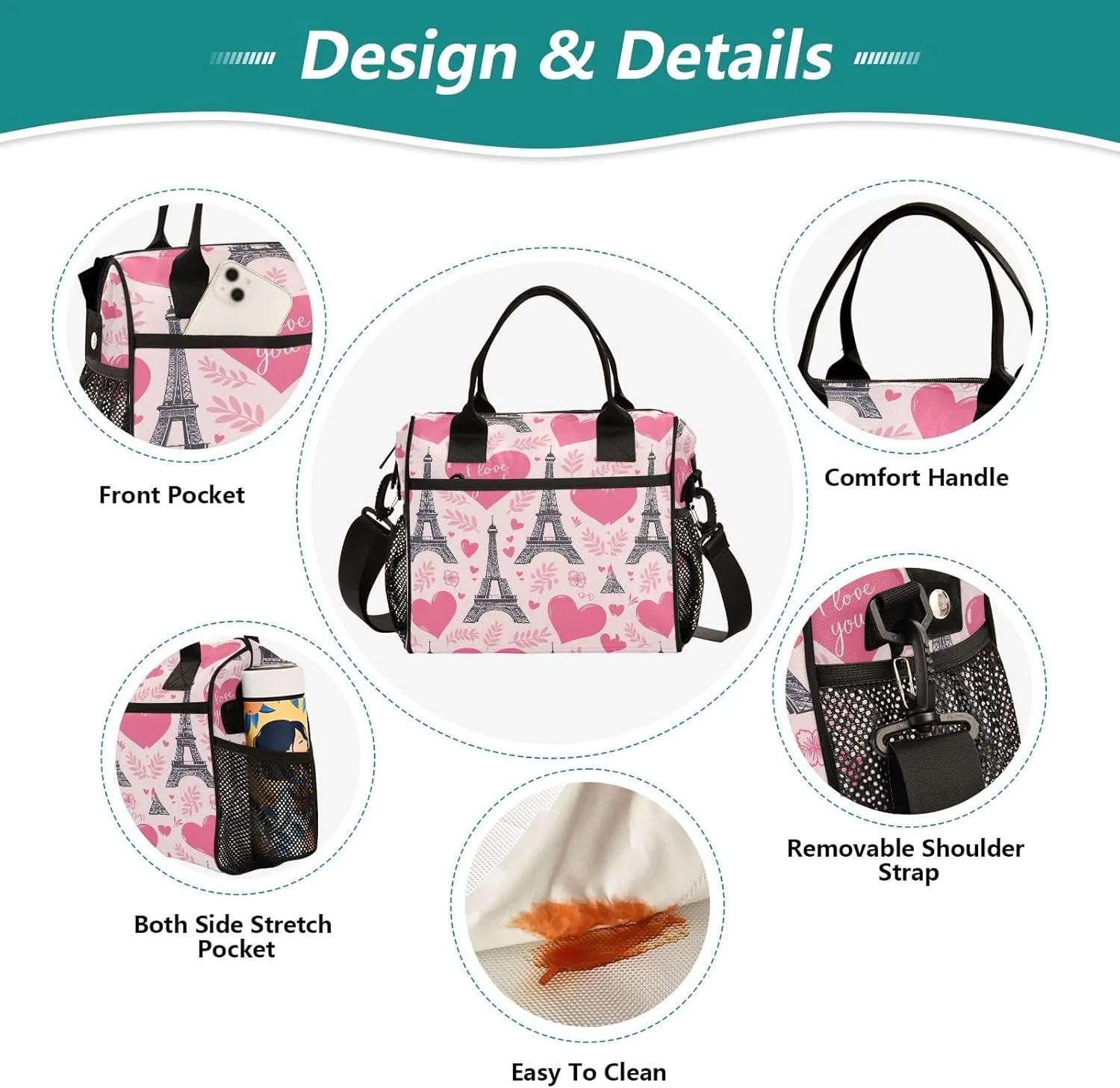 ODAWA Eiffel Hearts Pink Tote Lunch Bag with Adjustable Shoulder Strap, Mens Lunch Bags for Work