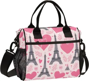 ODAWA Eiffel Hearts Pink Tote Lunch Bag with Adjustable Shoulder Strap, Mens Lunch Bags for Work