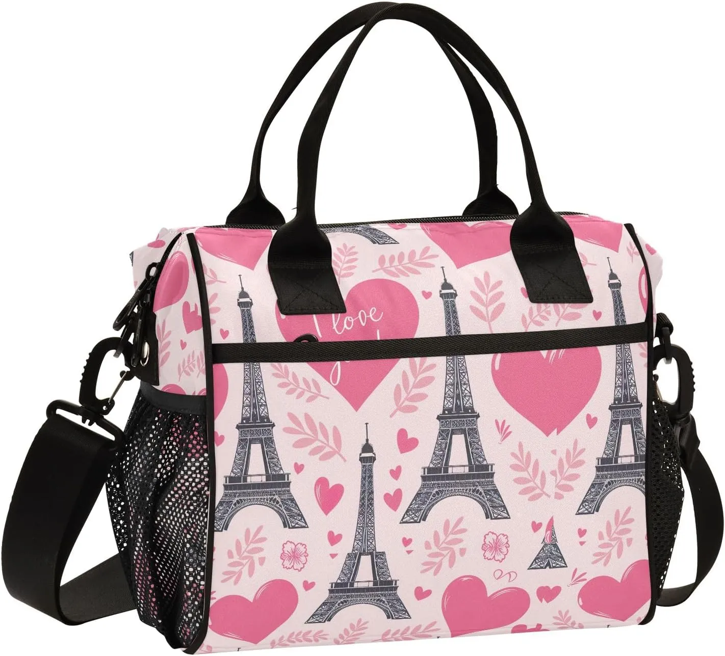 ODAWA Eiffel Hearts Pink Tote Lunch Bag with Adjustable Shoulder Strap, Mens Lunch Bags for Work