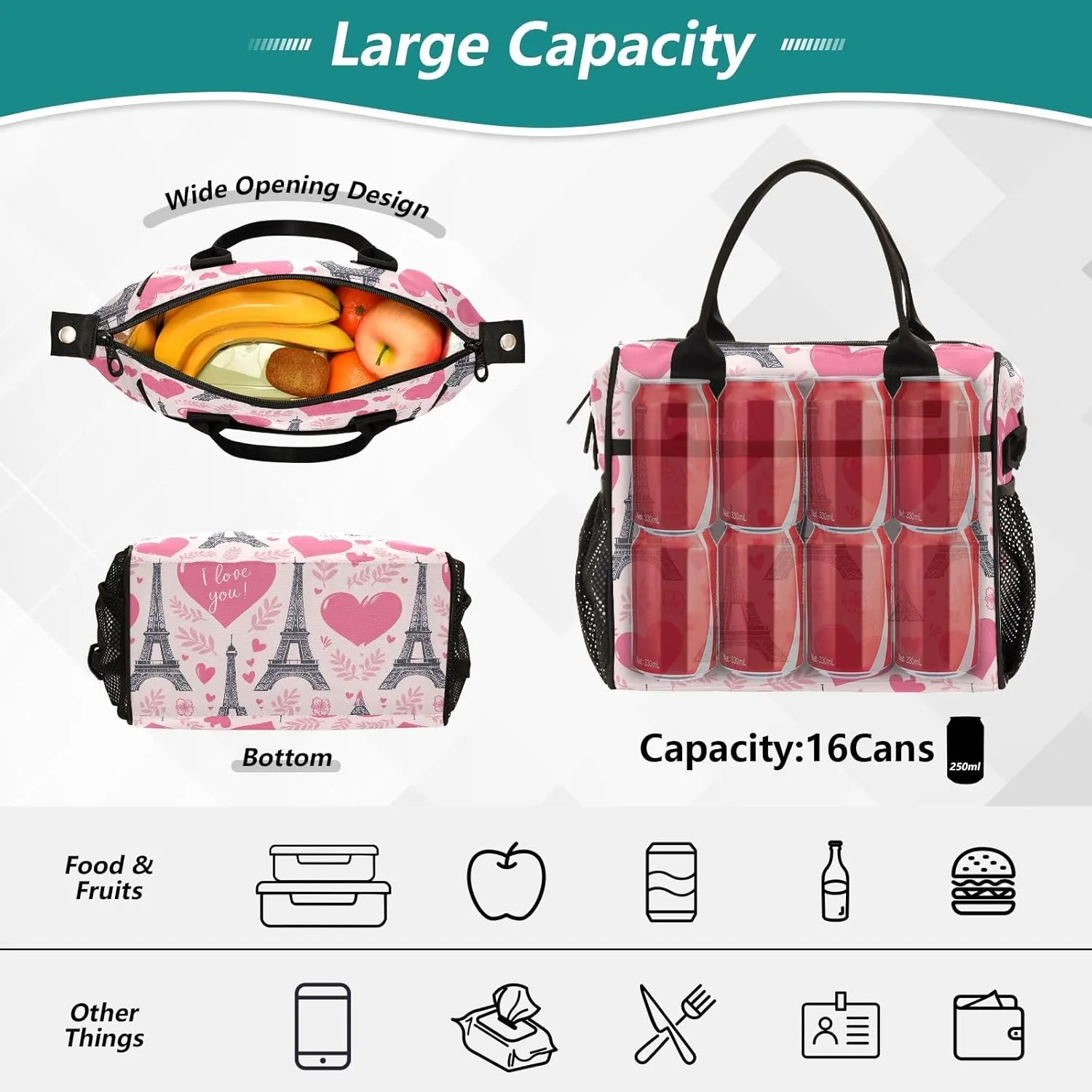 ODAWA Eiffel Hearts Pink Tote Lunch Bag with Adjustable Shoulder Strap, Mens Lunch Bags for Work