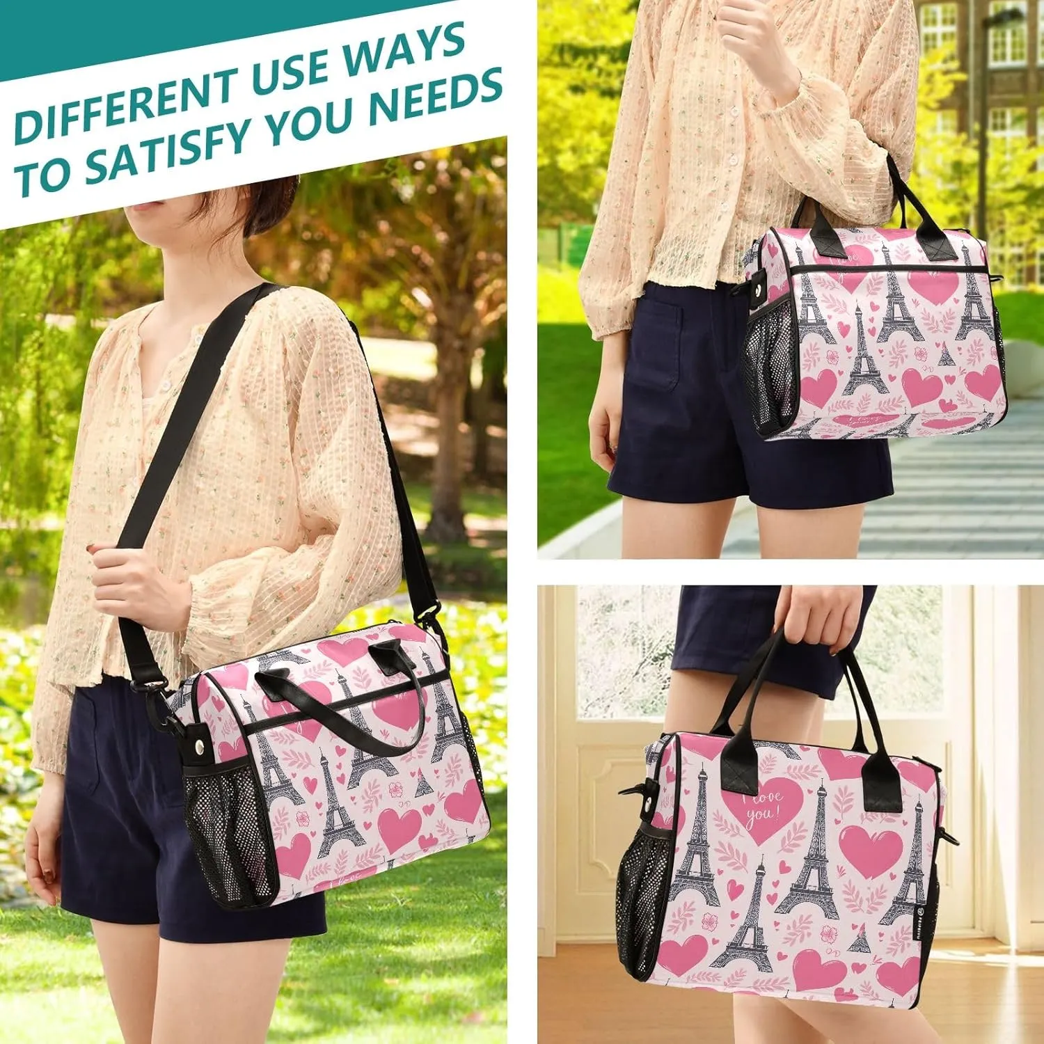 ODAWA Eiffel Hearts Pink Tote Lunch Bag with Adjustable Shoulder Strap, Mens Lunch Bags for Work