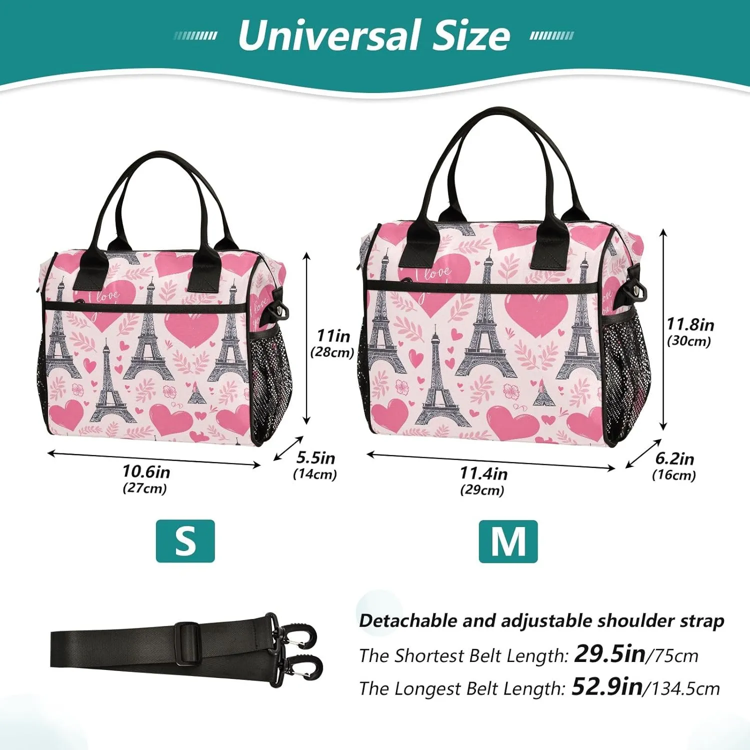 ODAWA Eiffel Hearts Pink Tote Lunch Bag with Adjustable Shoulder Strap, Mens Lunch Bags for Work