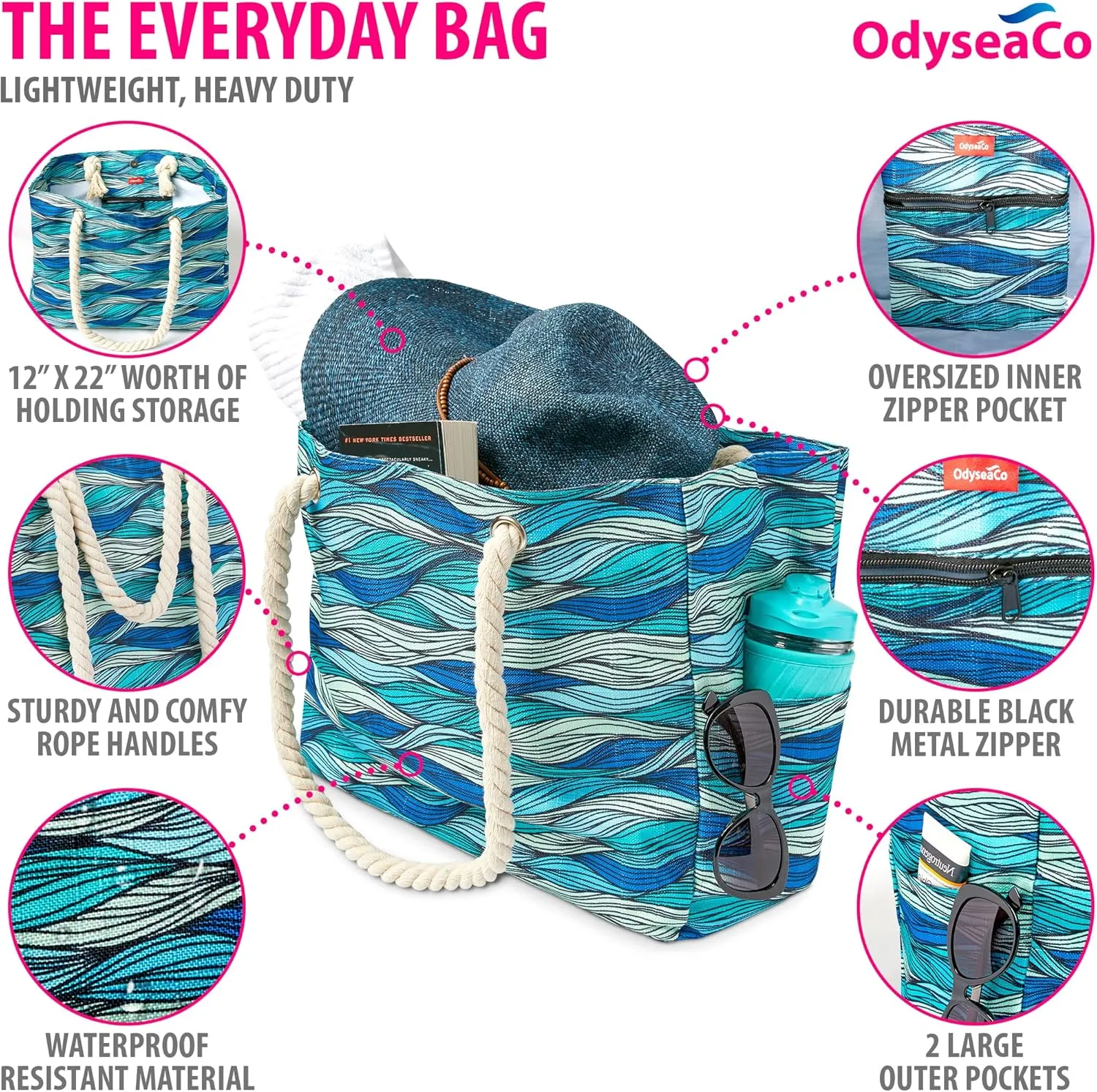 Odyseaco Beach Bag - Large Tote Bags for Women - Beach Bags Waterproof Sandproof