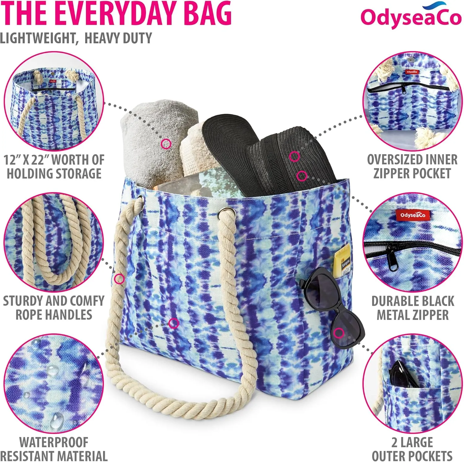 Odyseaco Beach Bag - Large Tote Bags for Women - Beach Bags Waterproof Sandproof