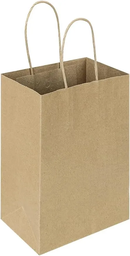Oikss 50 Pack 5.25x3.25x8.25 Inch Small Brown Gift Bags with Handles Bulk for Birthday Party Favors Grocery Retail Shopping Business Goody Kraft Craft Paper Bags Cub Sacks (Plain Natural 50 Count)