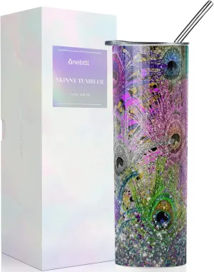 Onebttl Peacock Gifts For Women, Female and Her - Feather Skinny Tumbler - 20oz/590ml Stainless Steel Insulated Tumbler with Straw, Lid