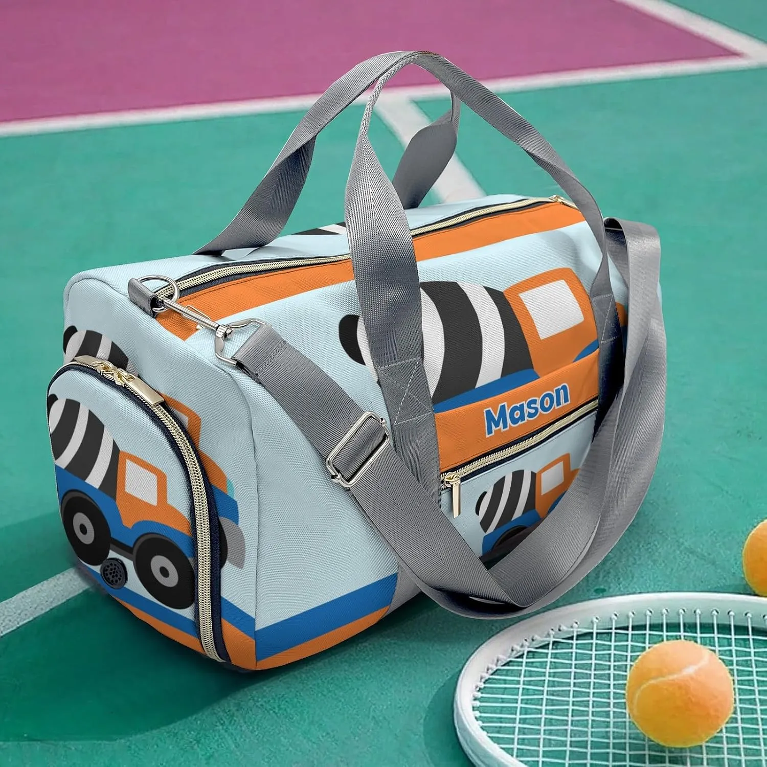 Orange Mixer Truck Blue Personalized Duffel Bag,Custom Travel Gym Bag with Name,Waterproof Sports Overnight Bag with Shoe Compartment & Shoulder Strap