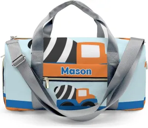 Orange Mixer Truck Blue Personalized Duffel Bag,Custom Travel Gym Bag with Name,Waterproof Sports Overnight Bag with Shoe Compartment & Shoulder Strap