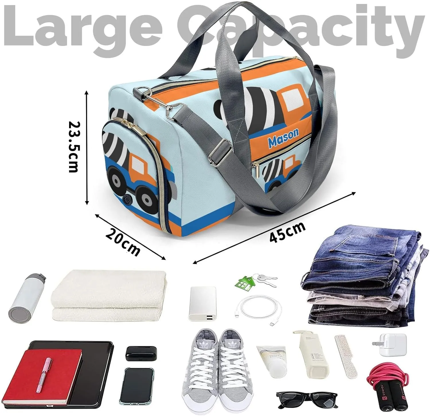 Orange Mixer Truck Blue Personalized Duffel Bag,Custom Travel Gym Bag with Name,Waterproof Sports Overnight Bag with Shoe Compartment & Shoulder Strap