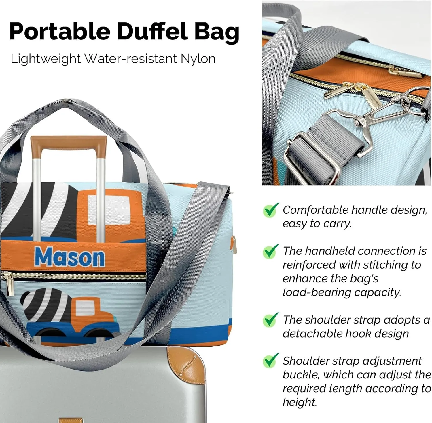 Orange Mixer Truck Blue Personalized Duffel Bag,Custom Travel Gym Bag with Name,Waterproof Sports Overnight Bag with Shoe Compartment & Shoulder Strap