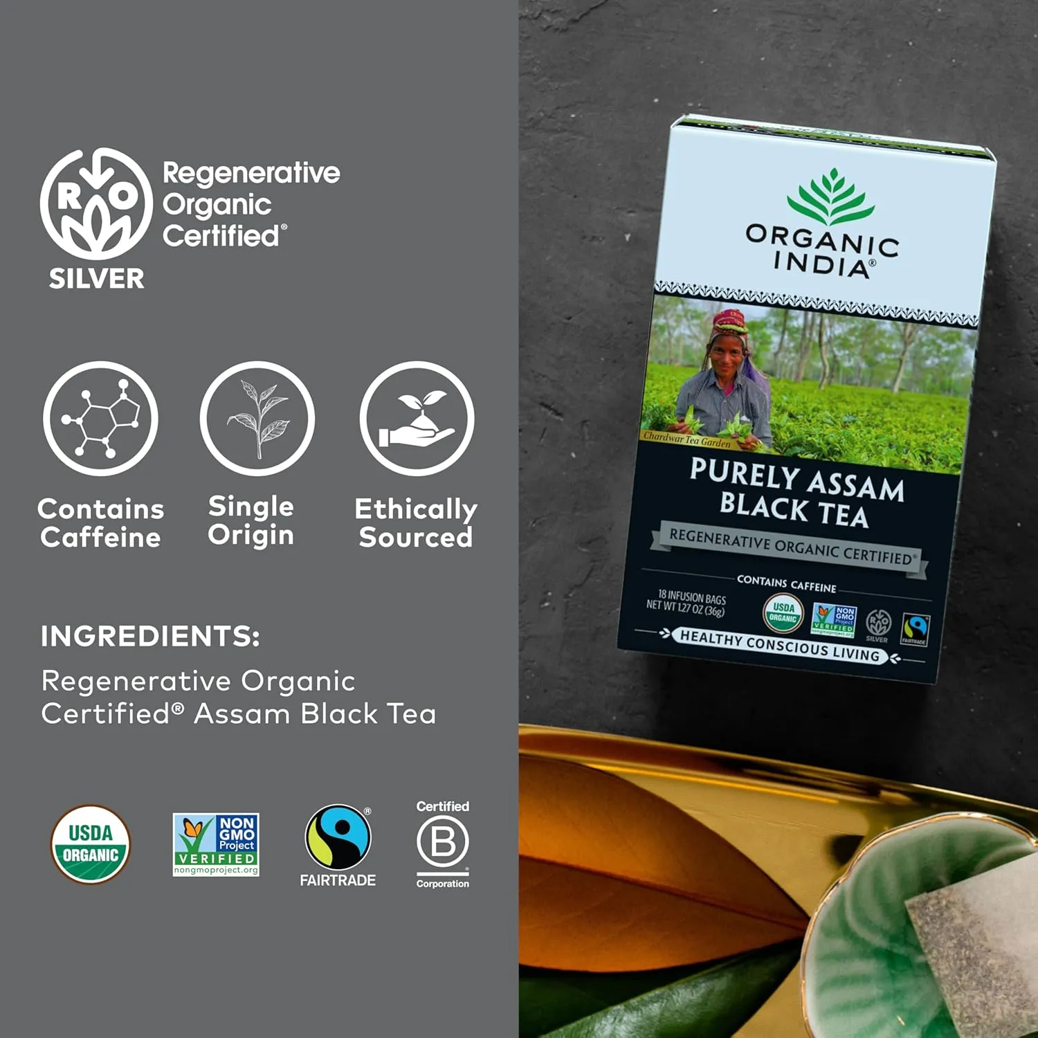 Organic India Purely Assam Black Tea - Caffeinated Herbal Tea Bags with Natural Assam Leaves, Enjoy with Milk & Sweetener, USDA Organic, Non-GMO, Fairtrade Certified - 18 Bags (Pack of 6)