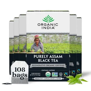 Organic India Purely Assam Black Tea - Caffeinated Herbal Tea Bags with Natural Assam Leaves, Enjoy with Milk & Sweetener, USDA Organic, Non-GMO, Fairtrade Certified - 18 Bags (Pack of 6)