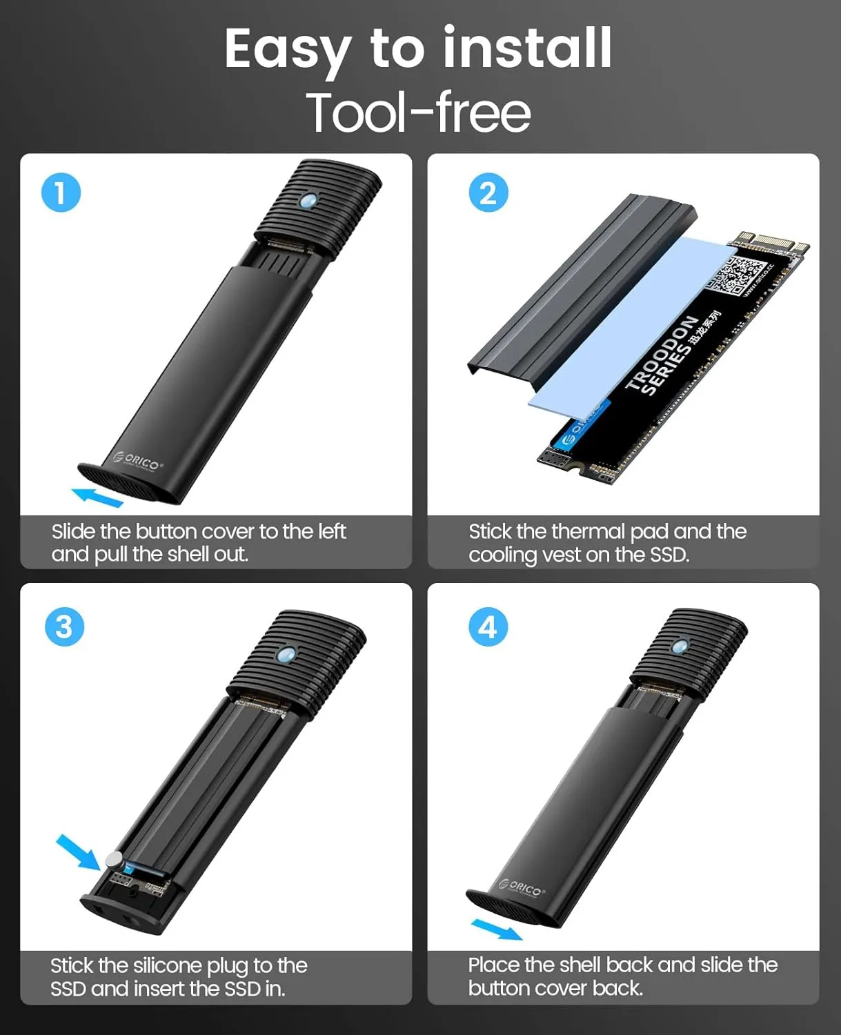 ORICO Aluminum M.2 NVMe SSD Enclosure , Tool-Free 10Gbps USB C Adapter, USB 3.2 M.2 NVMe Reader, External SSD Case Thunderbolt 3 Compatible, Supports 4TB 2230/2242/2260/2280 PCIe M-Key SSDs-PWM2-BK