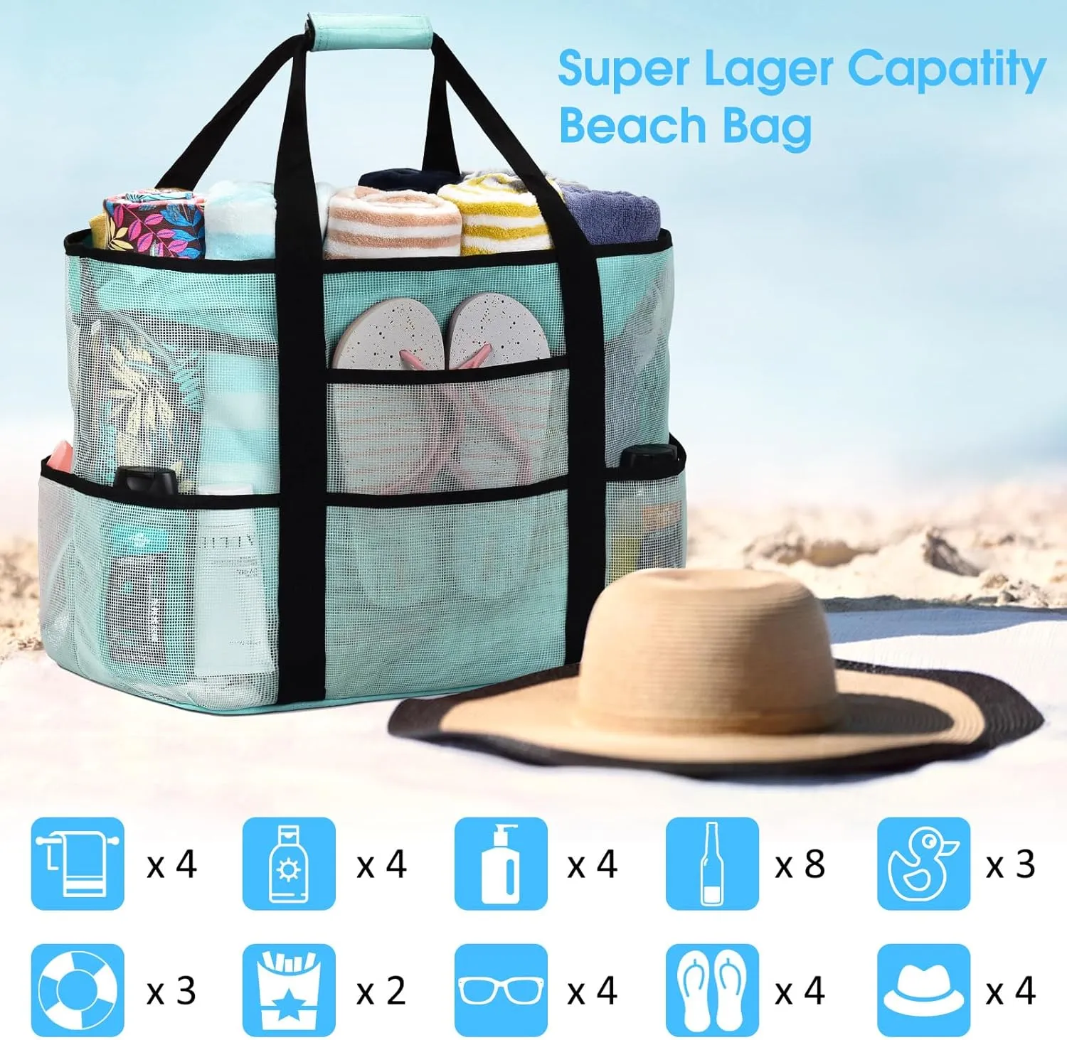 oscaurt Mesh Beach Bag Extra Large Waterproof Sandproof Beach Tote Pool Swim Bag Travel Vacation Essentials