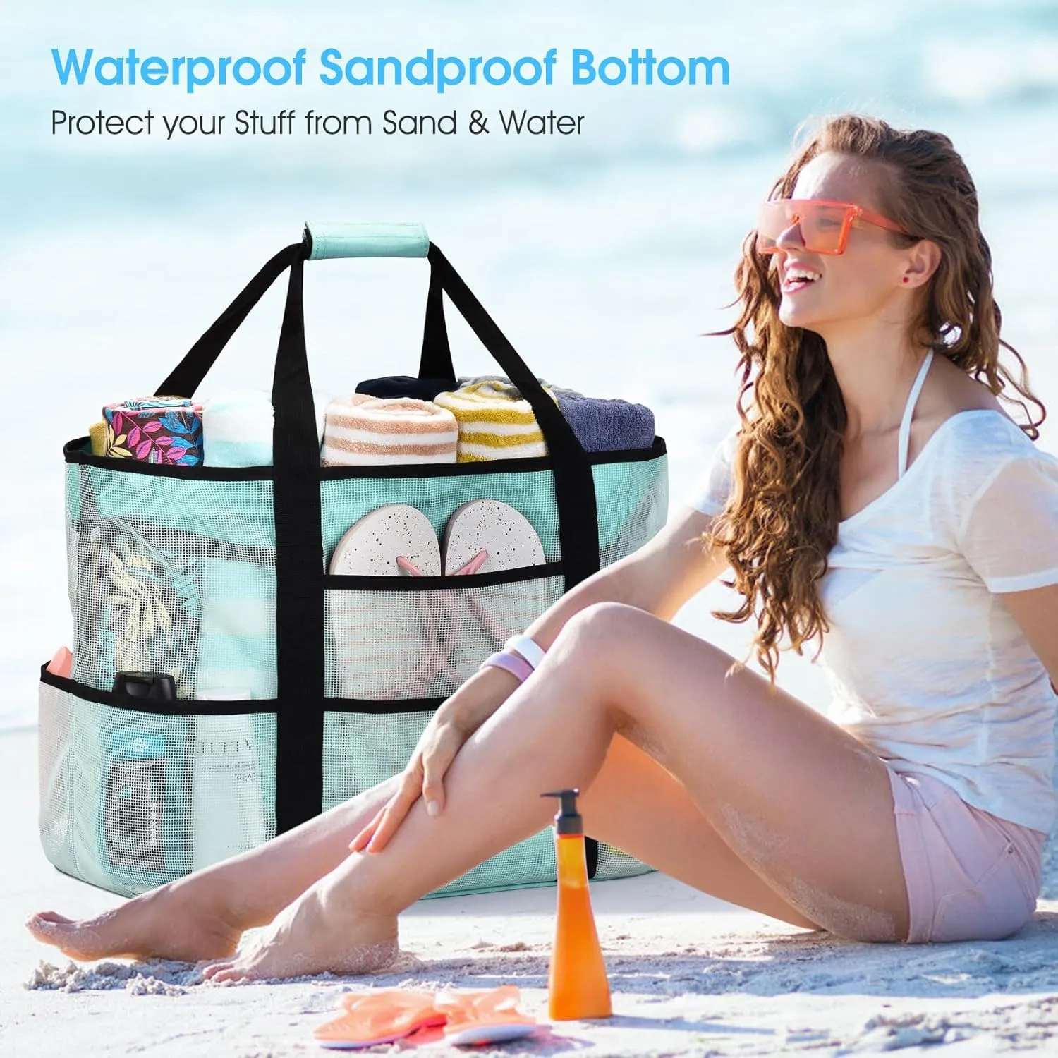 oscaurt Mesh Beach Bag Extra Large Waterproof Sandproof Beach Tote Pool Swim Bag Travel Vacation Essentials