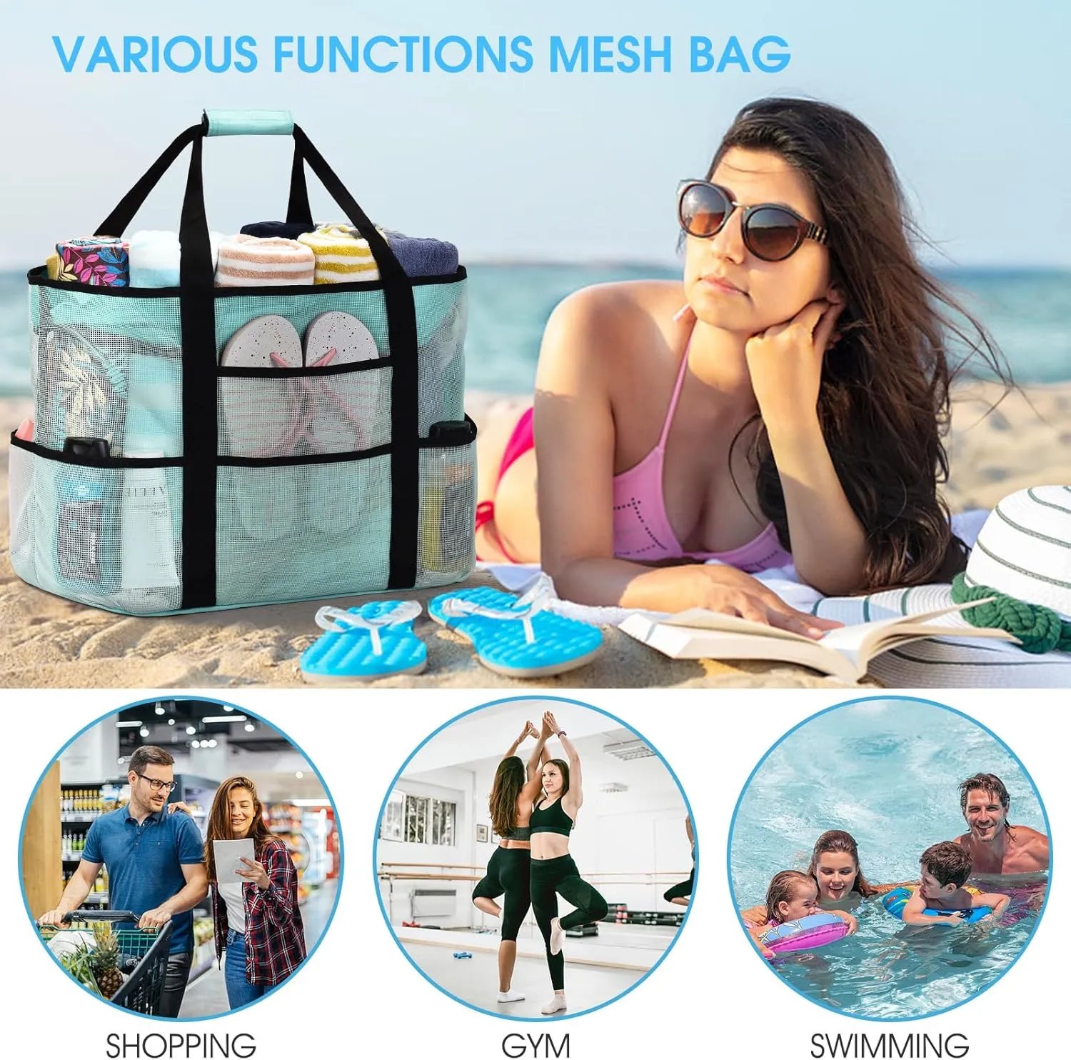oscaurt Mesh Beach Bag Extra Large Waterproof Sandproof Beach Tote Pool Swim Bag Travel Vacation Essentials