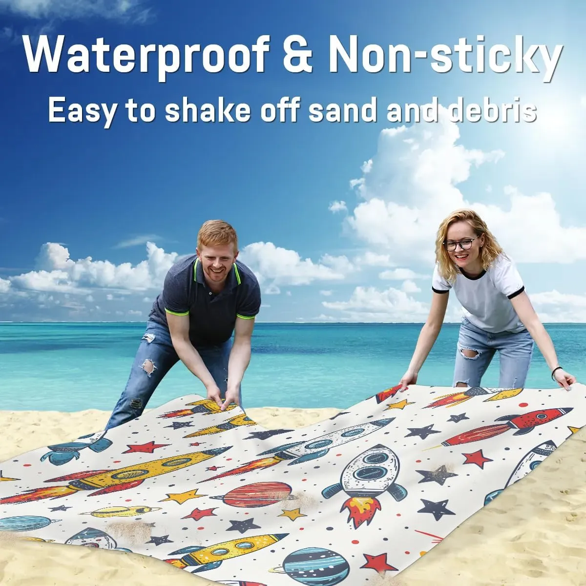 Outer Space Theme Beach Blanket, Sandproof Beach Mat, 68 x 59 Waterproof Quick Drying Sand Free Mat with 4 x Ground Spikes for Outdoor Travel Camping Hiking, Space Planet