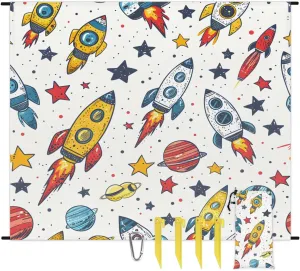 Outer Space Theme Beach Blanket, Sandproof Beach Mat, 68 x 59 Waterproof Quick Drying Sand Free Mat with 4 x Ground Spikes for Outdoor Travel Camping Hiking, Space Planet