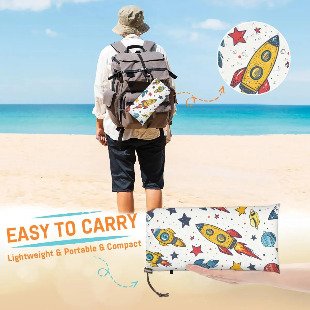 Outer Space Theme Beach Blanket, Sandproof Beach Mat, 68 x 59 Waterproof Quick Drying Sand Free Mat with 4 x Ground Spikes for Outdoor Travel Camping Hiking, Space Planet