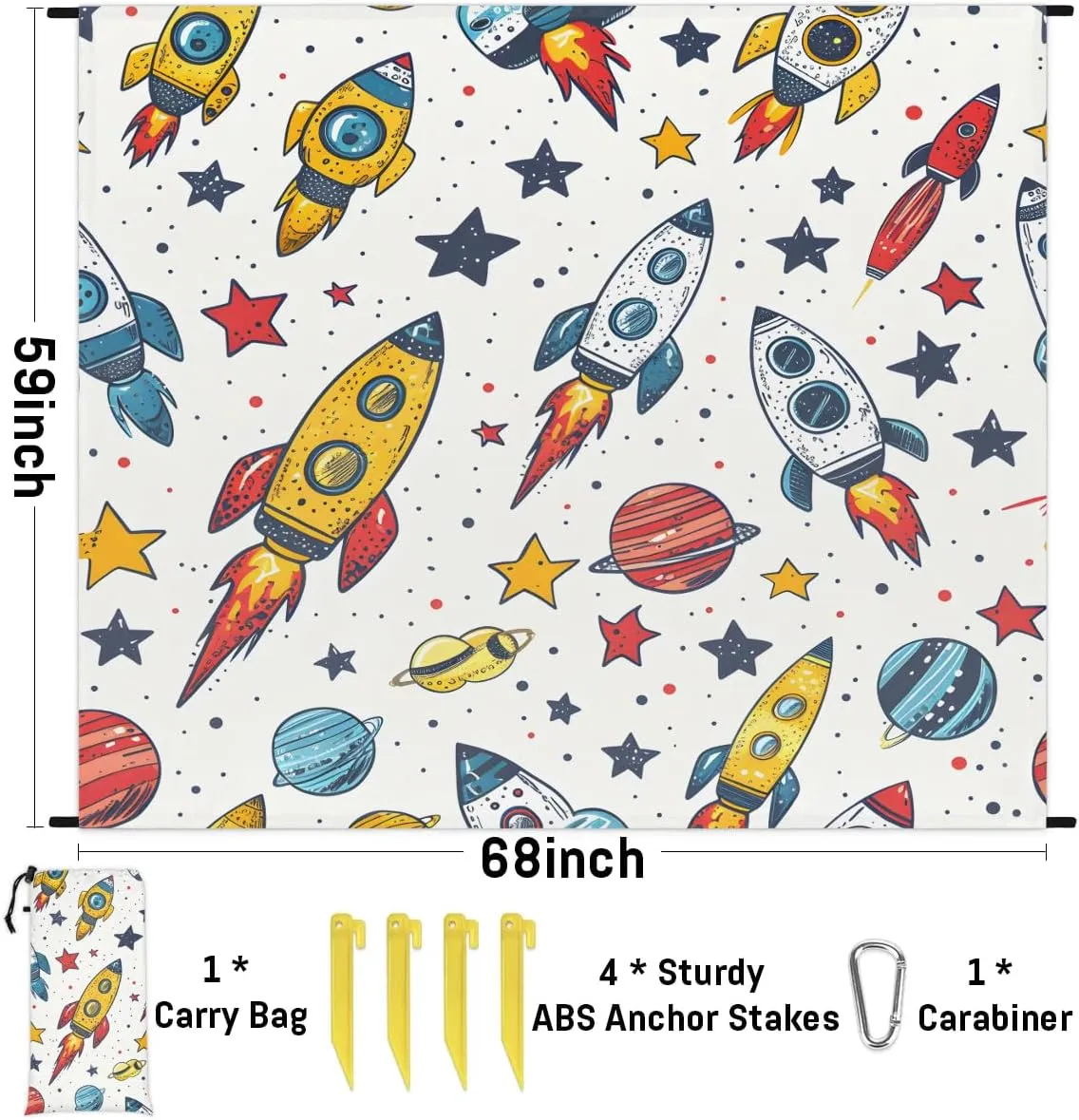 Outer Space Theme Beach Blanket, Sandproof Beach Mat, 68 x 59 Waterproof Quick Drying Sand Free Mat with 4 x Ground Spikes for Outdoor Travel Camping Hiking, Space Planet