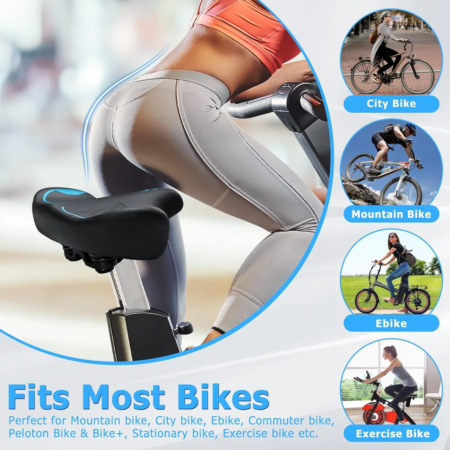 Oversized Bike Seat for Men & Women Comfort, Extra Wide Bicycle Seat Cushion, Comfortable Wing Padded, Large Replacement Bike Saddle for Peloton Bike, Stationary Exercise Bike, City Bike, Ebike