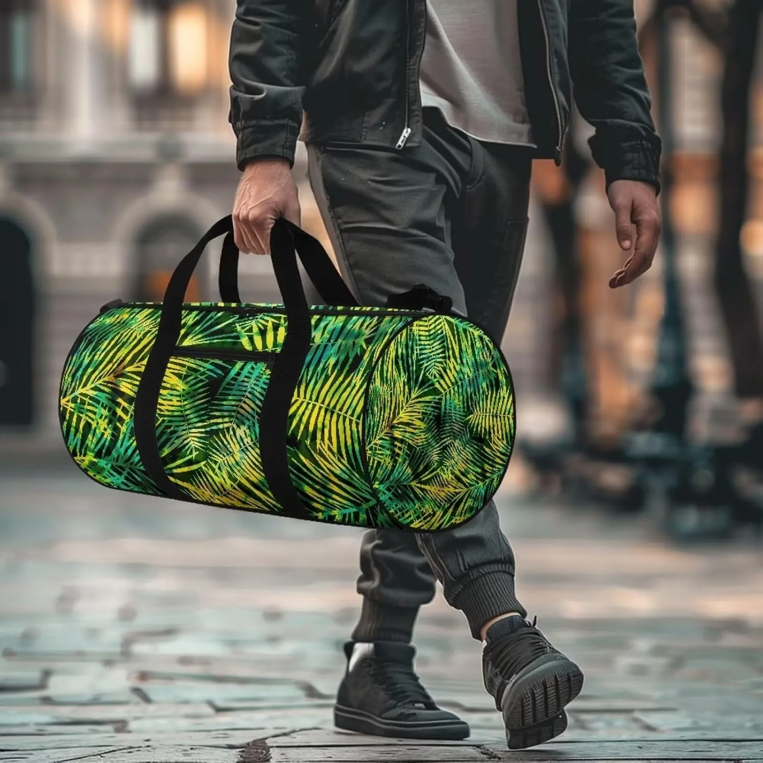 Palm Leaf Print Travel Duffel Bag Sports Gym Wear Resistant Duffle Bag with Strap and Internal Anti-theft Pocket for Women Men