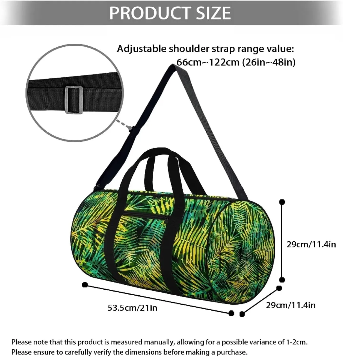 Palm Leaf Print Travel Duffel Bag Sports Gym Wear Resistant Duffle Bag with Strap and Internal Anti-theft Pocket for Women Men