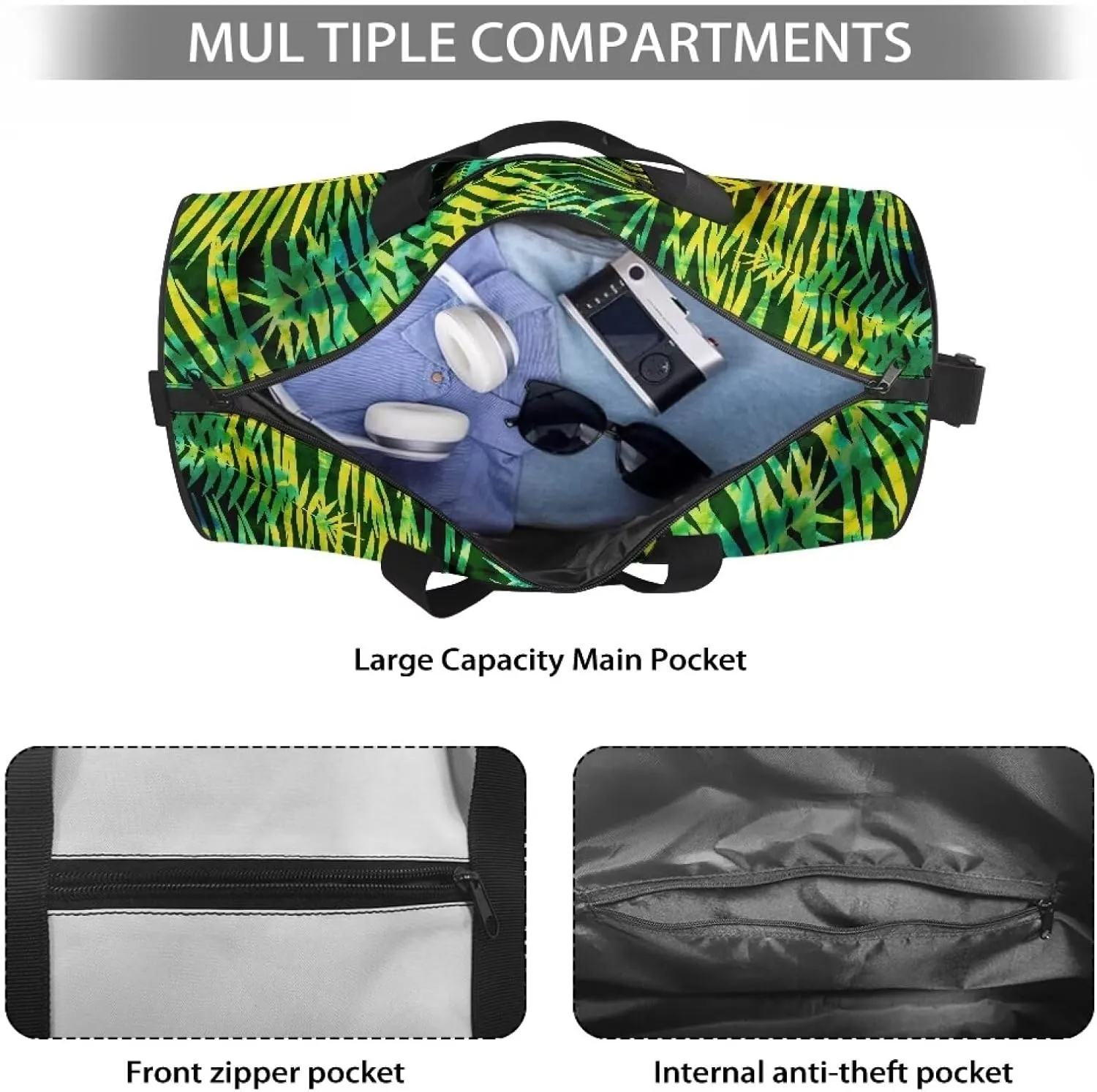 Palm Leaf Print Travel Duffel Bag Sports Gym Wear Resistant Duffle Bag with Strap and Internal Anti-theft Pocket for Women Men