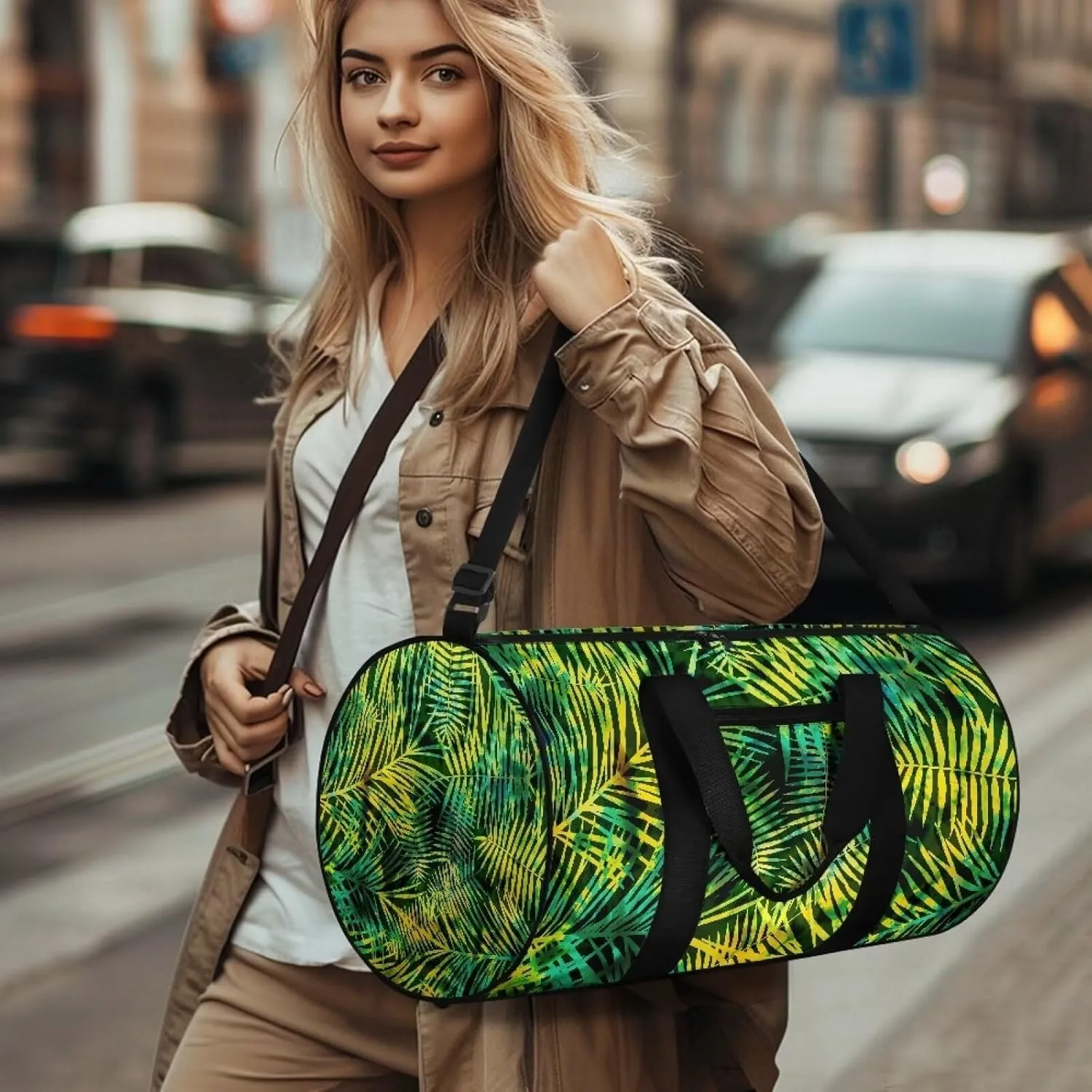 Palm Leaf Print Travel Duffel Bag Sports Gym Wear Resistant Duffle Bag with Strap and Internal Anti-theft Pocket for Women Men