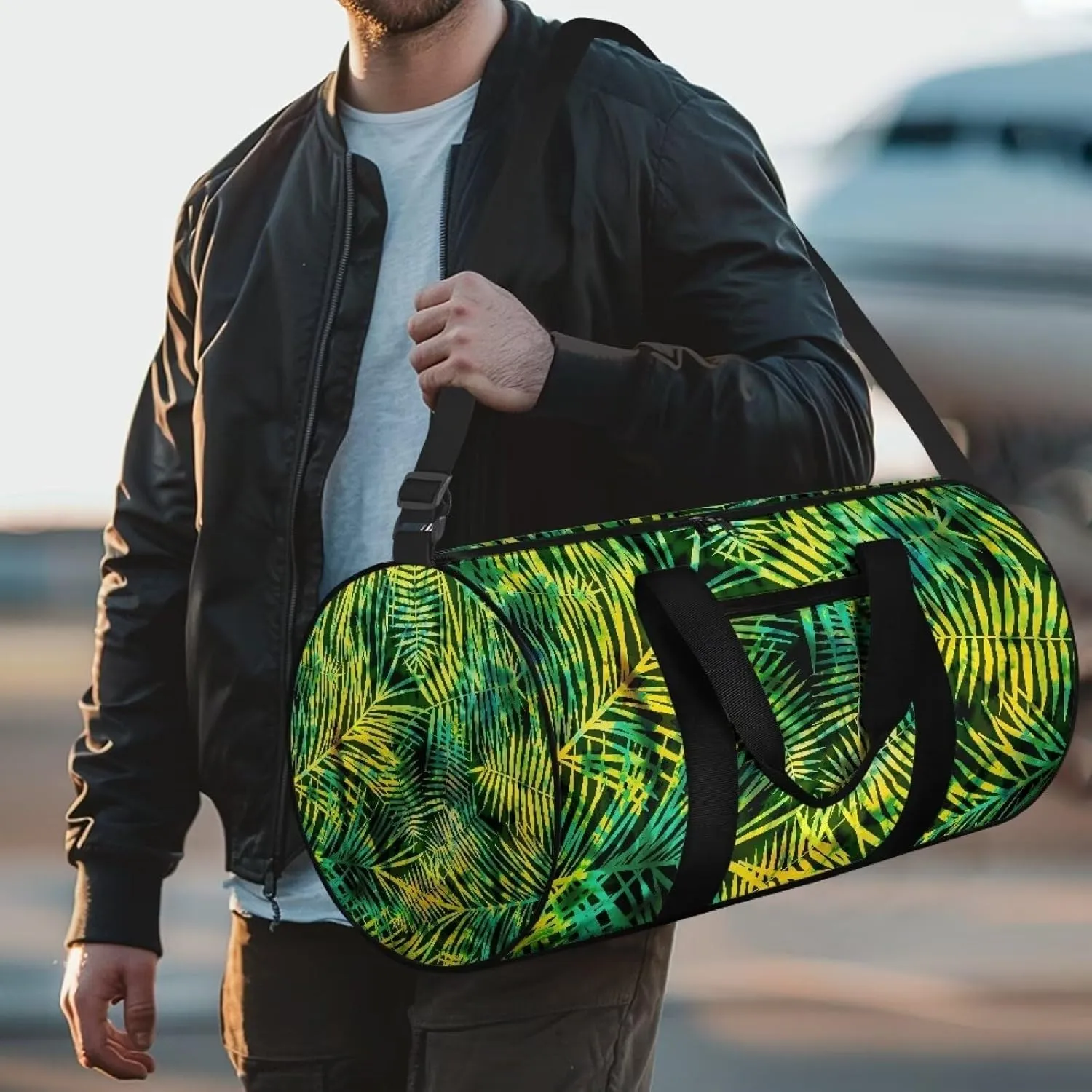 Palm Leaf Print Travel Duffel Bag Sports Gym Wear Resistant Duffle Bag with Strap and Internal Anti-theft Pocket for Women Men