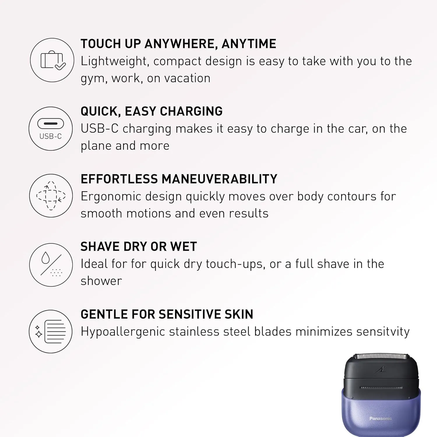 Panasonic Swipe Right Travel Shaver for Women, Portable Electric Razor with USB-C Charging, 3-Blade Cutting System for Dry or Wet Use - ES-CM3A-V