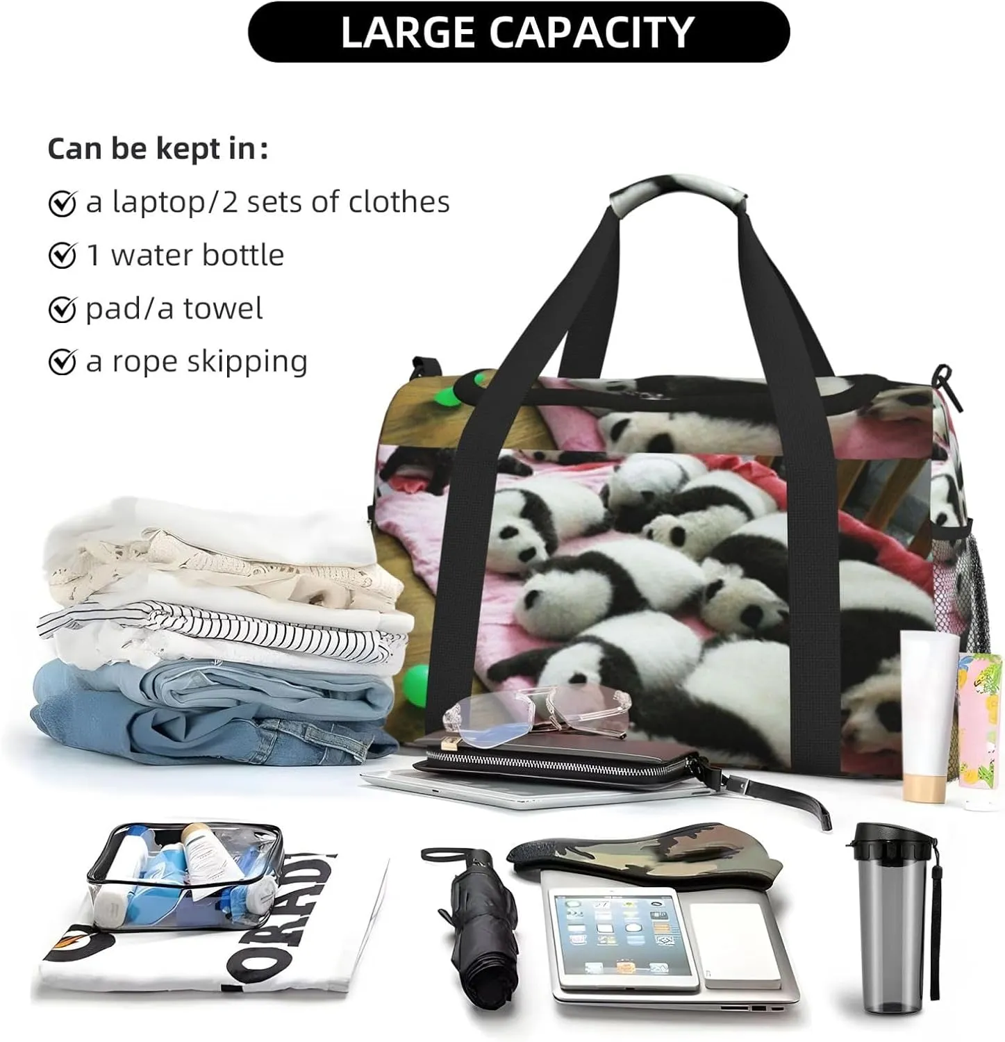 Panda Travel Duffel Bag Large Foldable Waterproof Overnight Bag For Beach Swim Bags Pool Sports Gym
