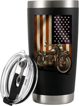 Panvola Motorcycle American Flag Motorcycle Gifts Vacuum Insulated Tumbler Rider Biker Motorcyclist US USA Retro Travel Mug with Lid and Straw 20 oz Black