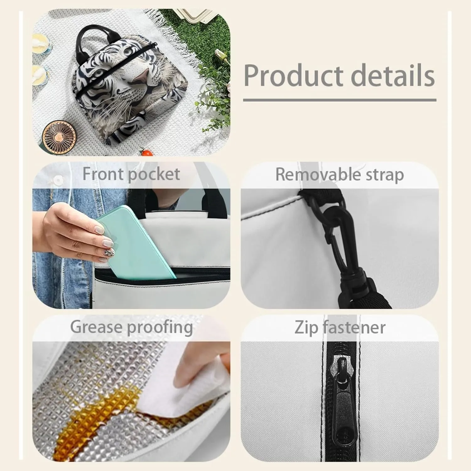 Paper Carving Tiger Lunch Bag for Women, Paper Sculpture Tigers Insulated Lunch Box Adjustable Removable Shoulder Strap, Lunch Cooler Bag for Work, Picnic,Camping