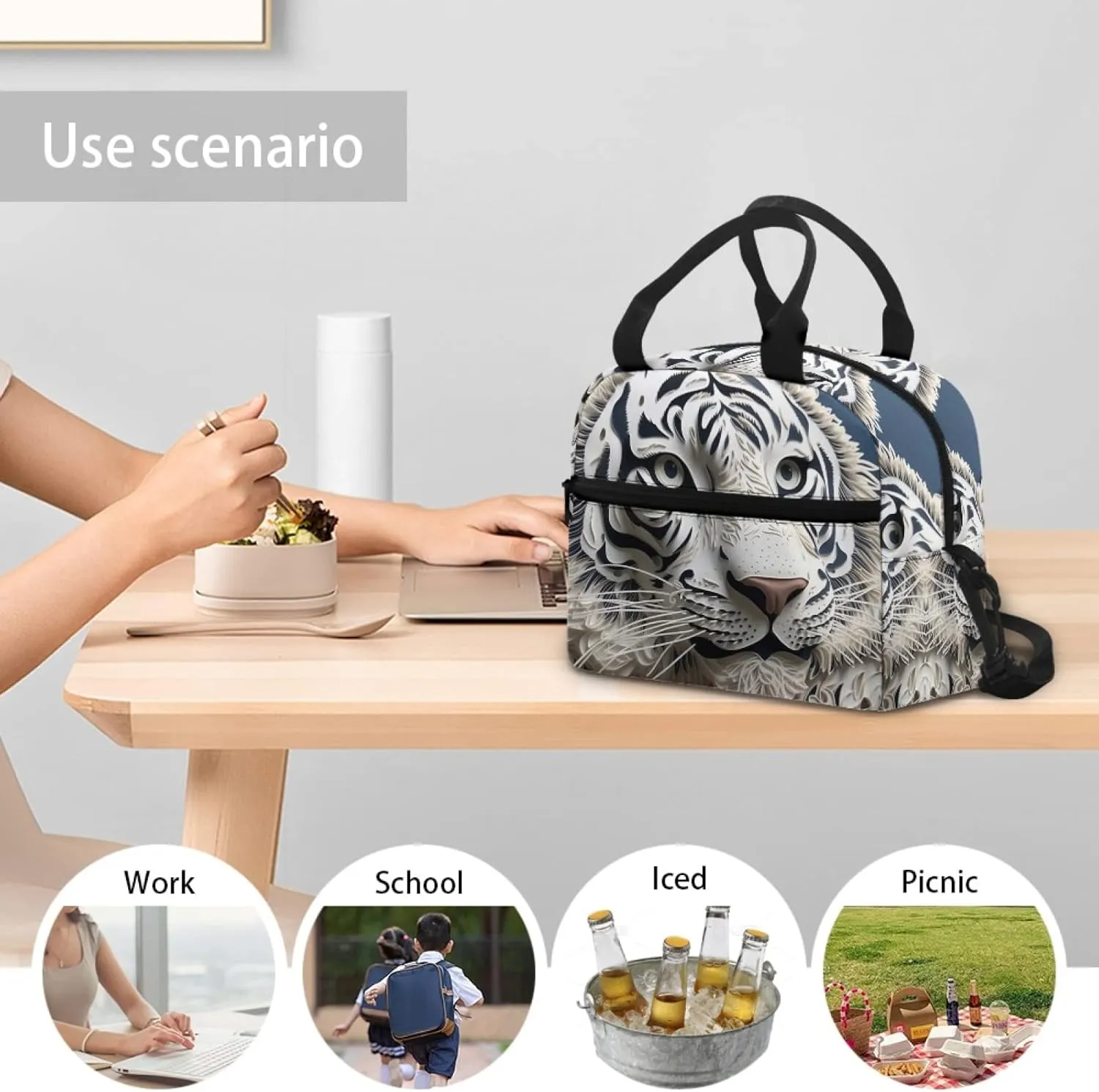 Paper Carving Tiger Lunch Bag for Women, Paper Sculpture Tigers Insulated Lunch Box Adjustable Removable Shoulder Strap, Lunch Cooler Bag for Work, Picnic,Camping