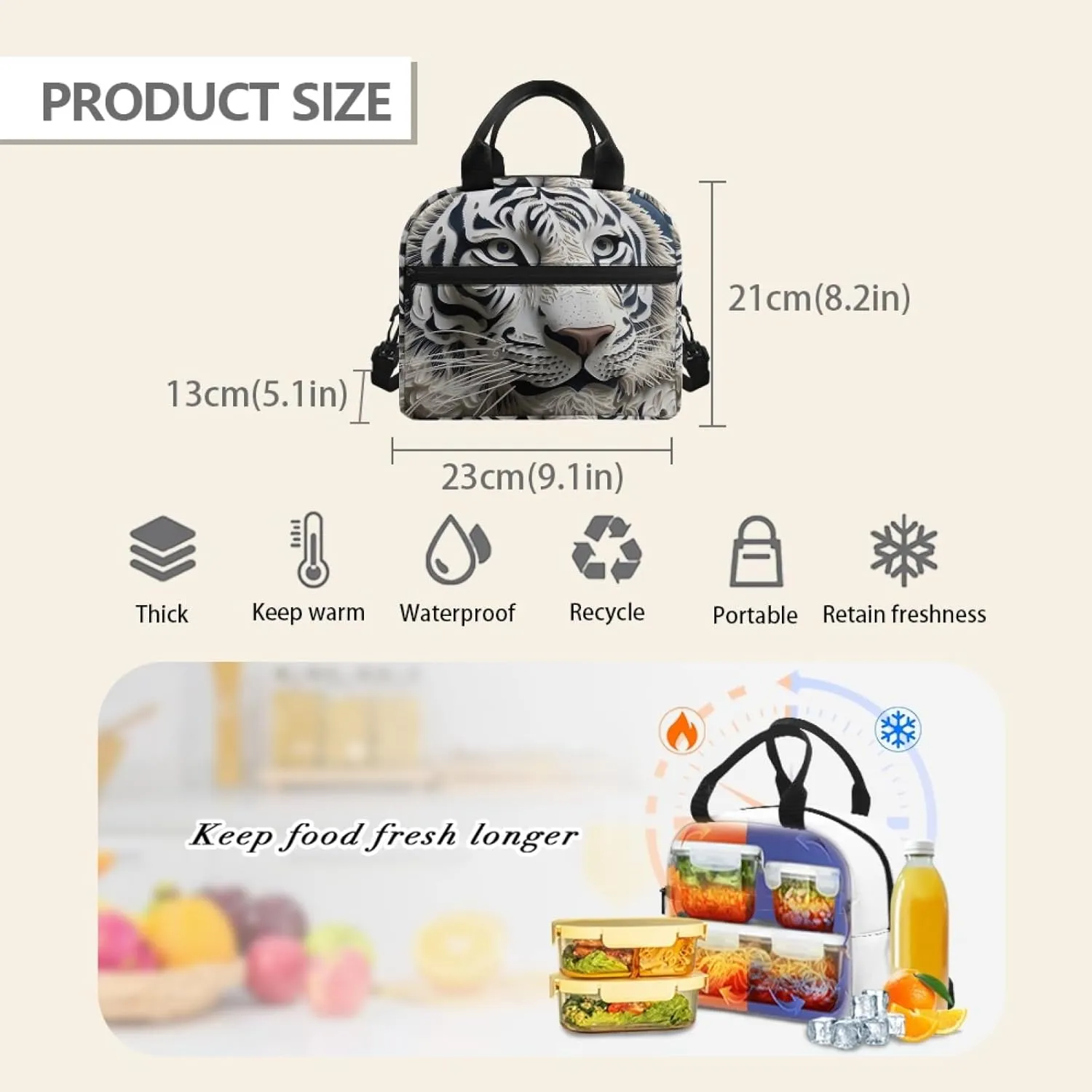 Paper Carving Tiger Lunch Bag for Women, Paper Sculpture Tigers Insulated Lunch Box Adjustable Removable Shoulder Strap, Lunch Cooler Bag for Work, Picnic,Camping