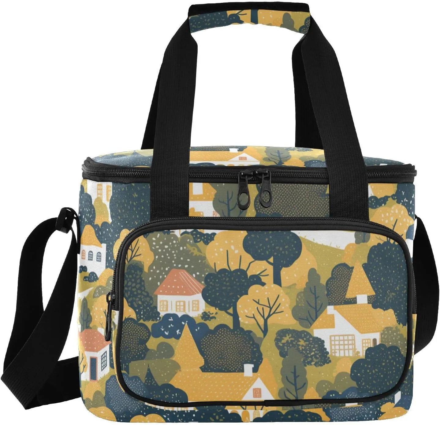 Pastoral Style Trees Houses Large Capacity Cooler Bags with Zipper Hot or Cold Carrier Insulated Grocery Bag for Shopping Food Travel Beach Camping