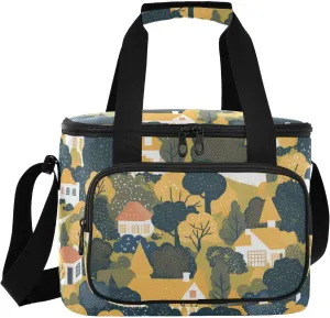 Pastoral Style Trees Houses Large Capacity Cooler Bags with Zipper Hot or Cold Carrier Insulated Grocery Bag for Shopping Food Travel Beach Camping