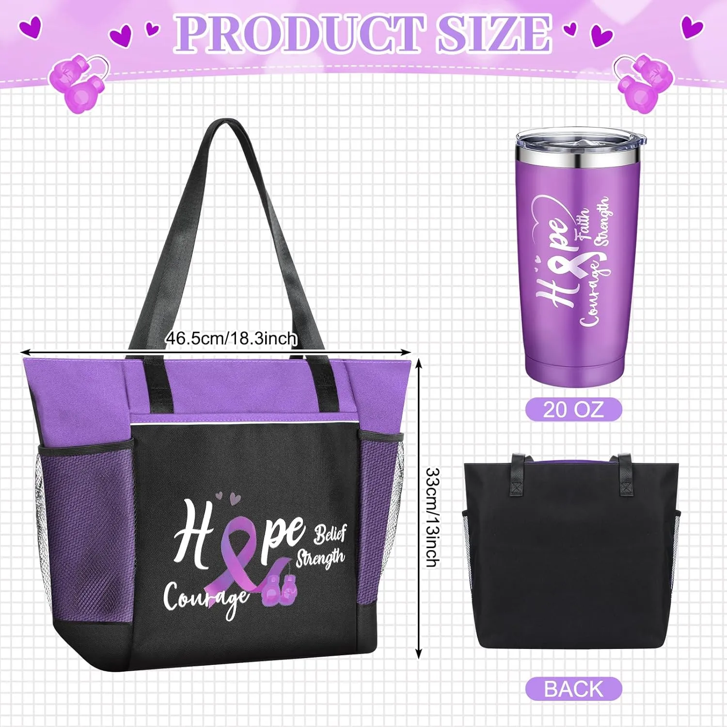 Paterr Cancer Gifts Cancer Awareness Tote Bag Well Soon Gifts Chemo Care Package 20oz Stainless Steel Tumbler