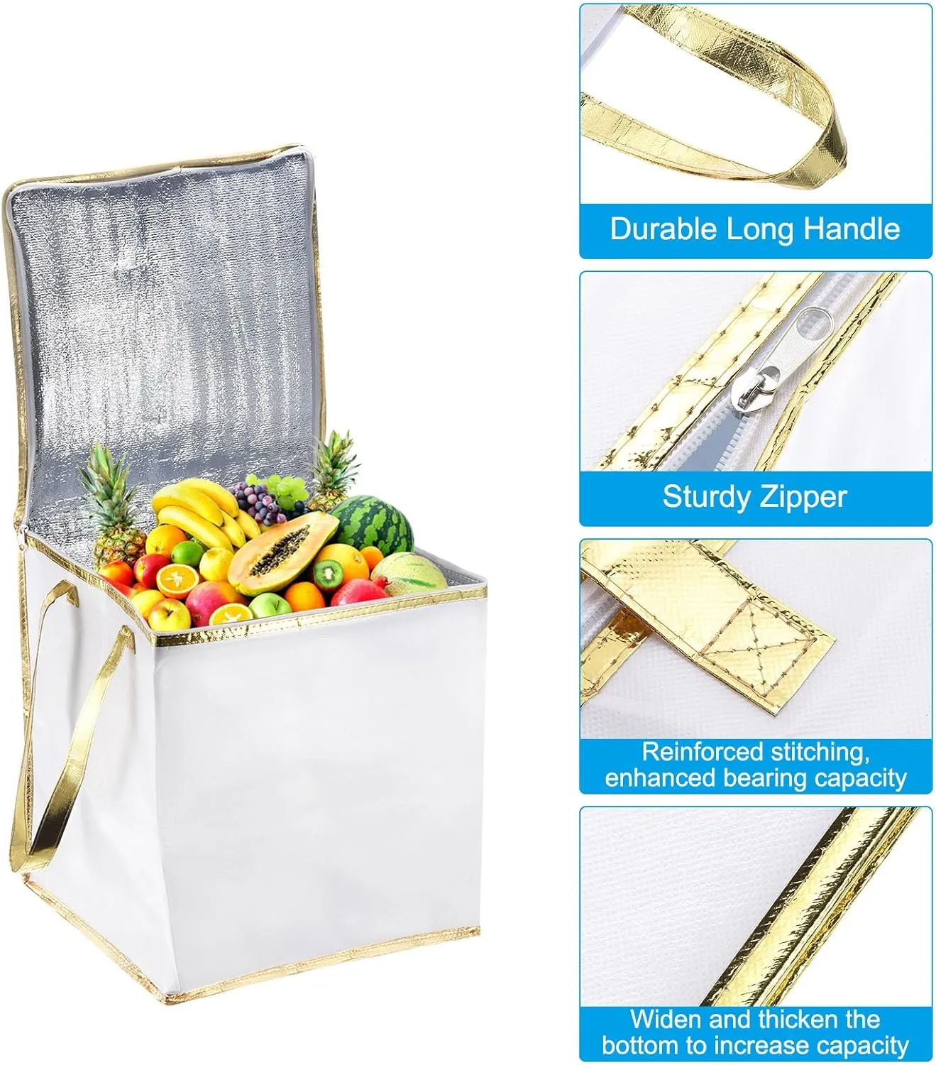 PATIKIL Insulated Grocery Bag, Non-woven Fabric Food Delivery Tote Thermal Cake Carrying Bags Food Container for Home Office Restaurant, 30cmx30cmx27cm, White