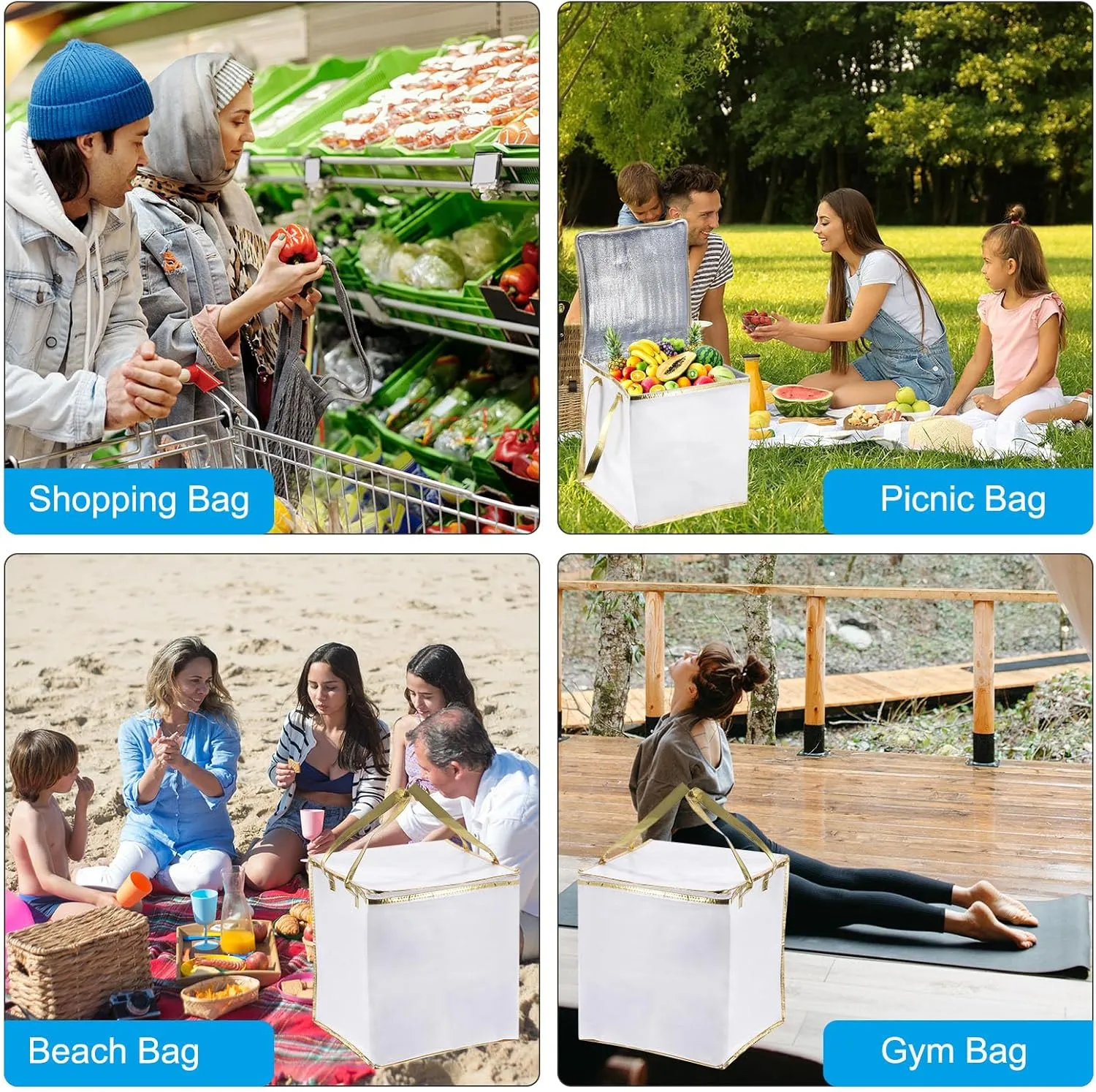 PATIKIL Insulated Grocery Bag, Non-woven Fabric Food Delivery Tote Thermal Cake Carrying Bags Food Container for Home Office Restaurant, 30cmx30cmx27cm, White