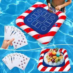 Patriotic Inflatable Floating Pool Game Table with Waterproof Playing Cards Set 4th of July Pool Games Tables Gifts for Summer Beach Fathers Day