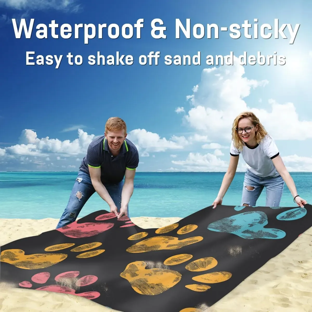 Paw Print Beach Blanket, Sandproof Beach Mat, Adults Waterproof Quick Drying Sand Free Mat with 4 x Ground Spikes for Outdoor Travel Camping Hiking, Dog Paws