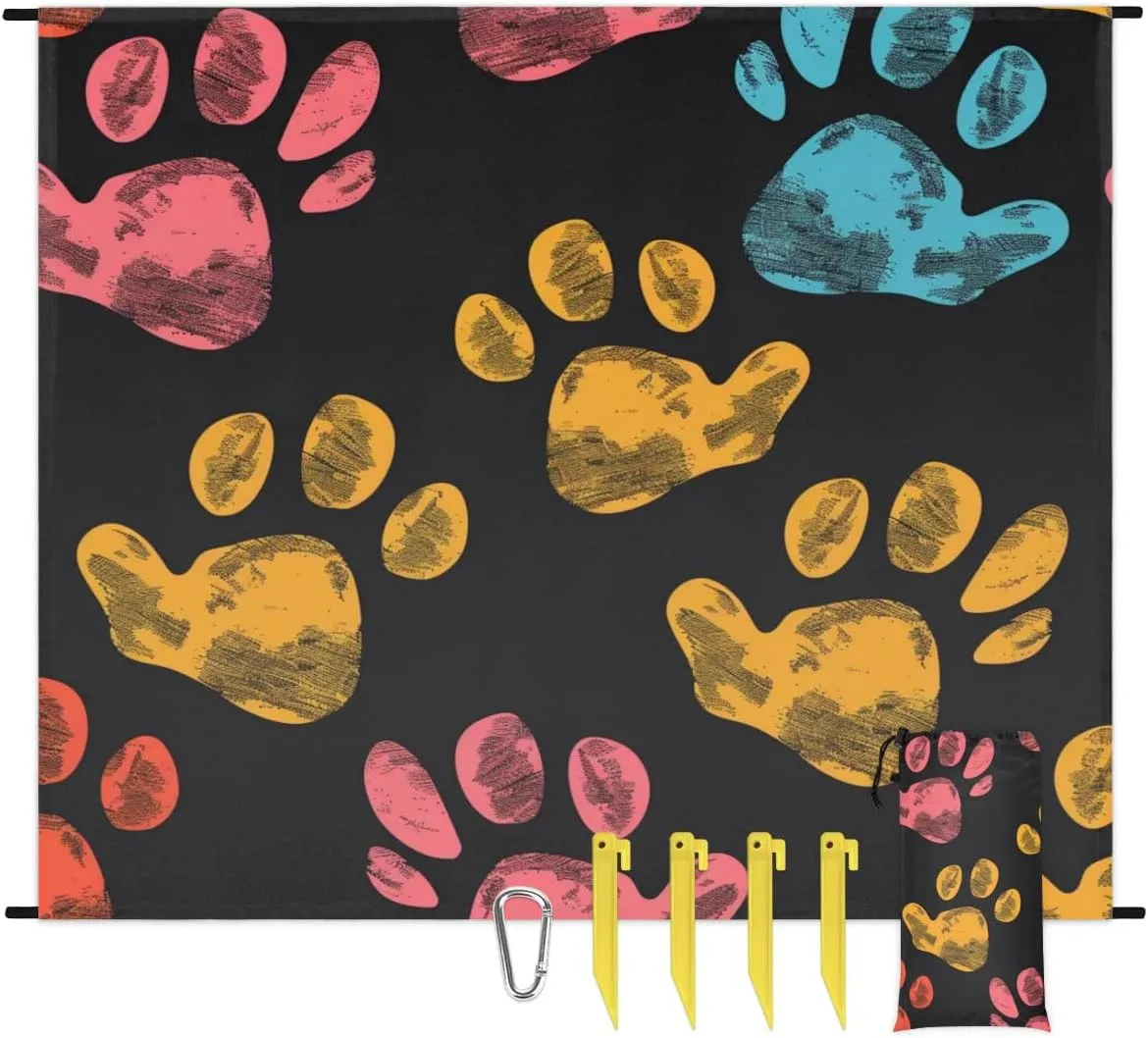 Paw Print Beach Blanket, Sandproof Beach Mat, Adults Waterproof Quick Drying Sand Free Mat with 4 x Ground Spikes for Outdoor Travel Camping Hiking, Dog Paws
